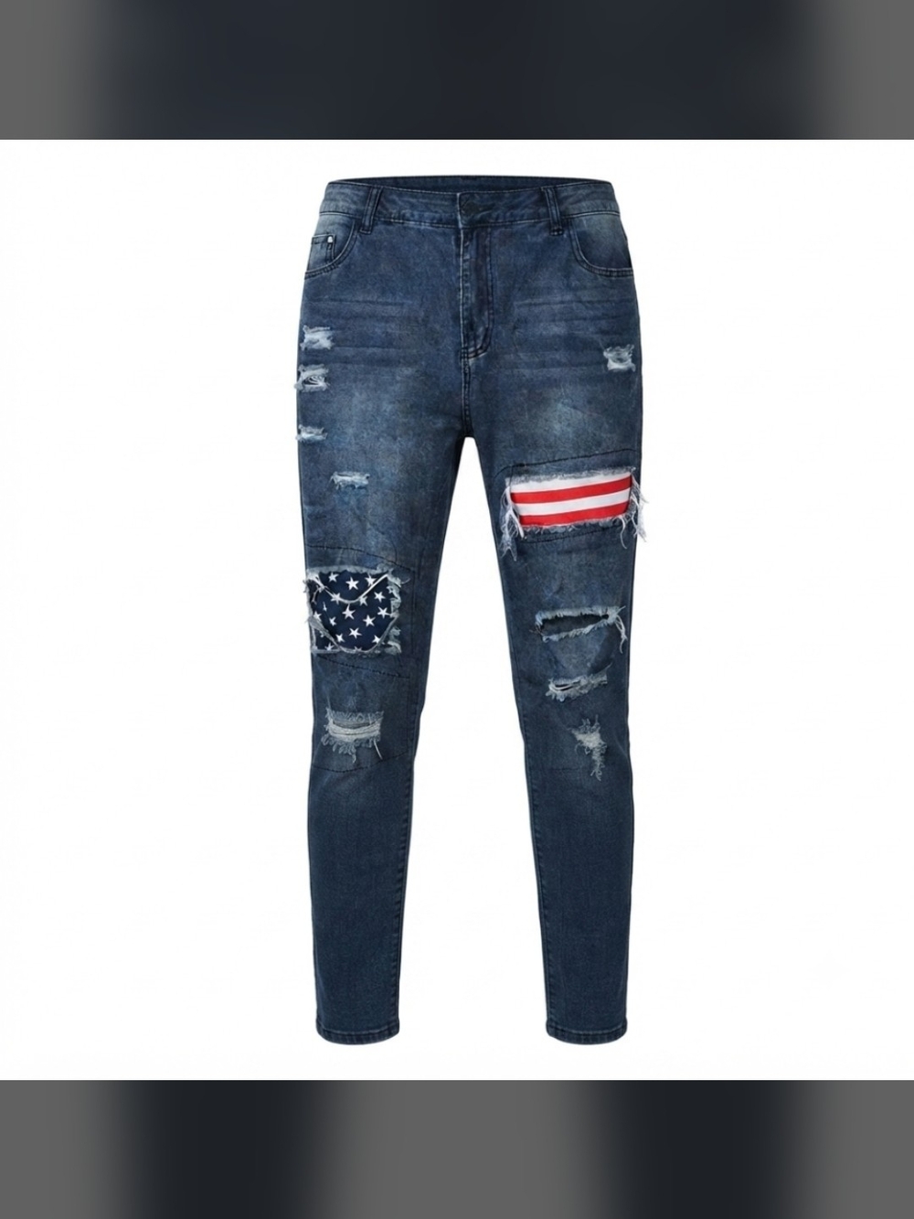 Straight Leg Distressed Jeans with Flag Patch - Dark Blue US-14